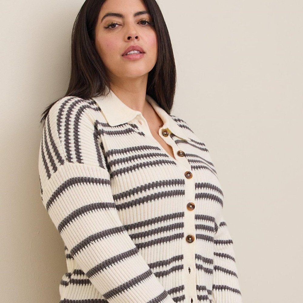Torrid - Pullover Collared Button Front Sweater in Grey Stripe​​​​​​​​